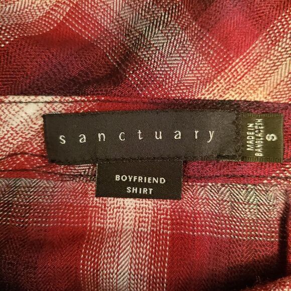 Sanctuary Dark Red Plaid Boyfriend Snap Button Shirt Size Small - Picture 5 of 7